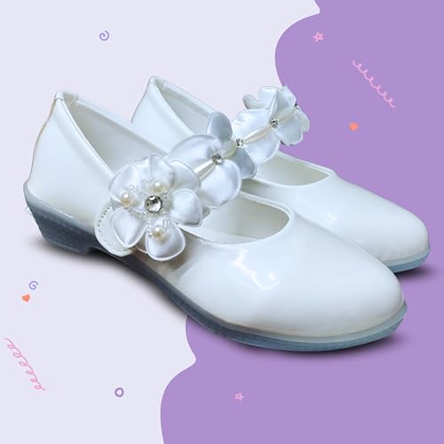 Image of Girls' Patent Mary Jane Shoes with Floral Embellishment, Attractive Colour's, Pearl Flower Welcro Bellies |DMND-3|