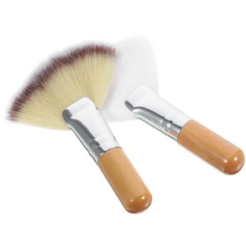 OKUMEYR 2個 原木風短柄ファン メイクブラシ 軽量ソフト毛 散粉 フェイスパウダー対応 コンパクト携帯用 精密メイク適用 レディース用