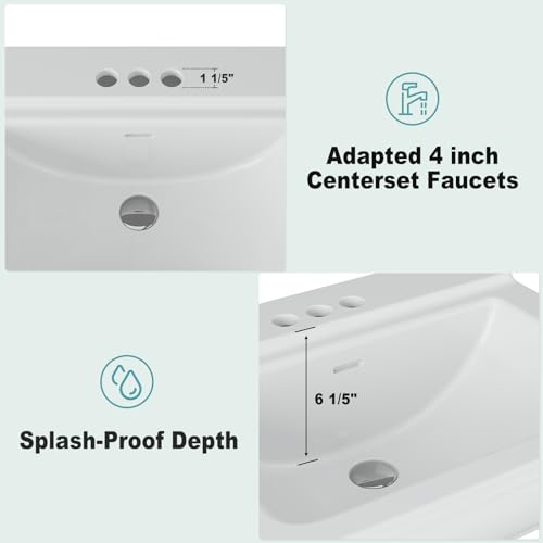 Rectangular Pedestal Sink, Bathroom Pedestal Sink 26 X 20 Inch White Ceramic Pedestal Bathroom Sink with Overflow & 3 Pre-Drilled Holes for 4-Inch Faucets