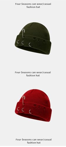 Gorro de punto de lana negro AYANCAI con pasador de anillo y agujeros retro para el frío 6