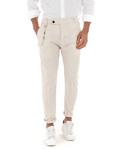 Pantalon homme lin beige classique coupe ajustée élastique bouton taille L