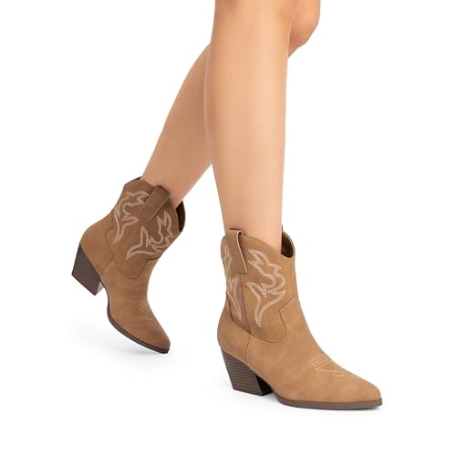DREAM PAIRS Women's Cowboy Cowgirl Boots Embroidered Stitched Short Western Boots Low Chunky Heel Pointed Toe Ankle Booties,Size 8,Tan,DWUMAB2504