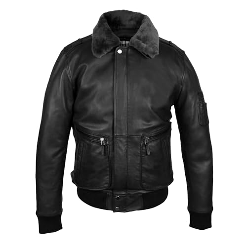 Zerimar Chaqueta Aviador Hombre - Chaqueta Hombre Invierno - Cazadora Hombre con Cuello de Borrego - Cazadora Aviador - Chaqueta Cuero - Color Negro - Talla S