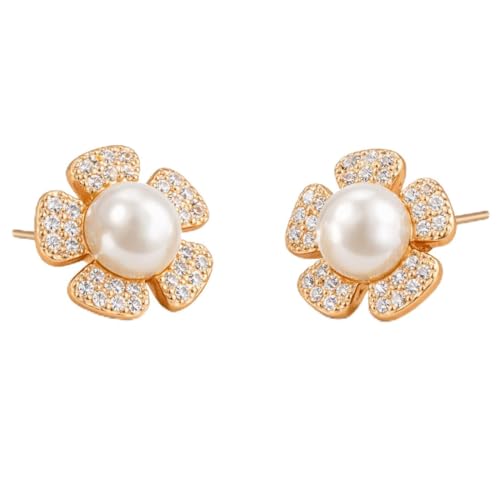 Image of Nilu's Collection Rose Gold Plated Triangular Design Pearl Stud Earrings With American Diamond for Women And Girls | Gift For Her | Anti- Allergy |Anti-Tarnish | Office Wear