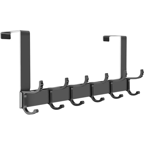 NPFVKSA Over The Door Hanger-6 Double Hooks, Adjustable Over Door Hooks, Suitable for Clothes Hats, Keys, Towel (Dark Grey)