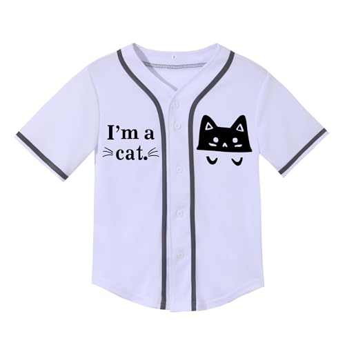 Image of Kids Baseball Jersey Toddler Cute Cat Print T-Shirt Girls Casual Personalized Button Down Baseball Shirt Birthday Gift (White B,2 Years)