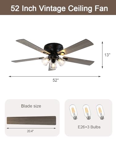 Image of 52 Inch Flush Mount Farmhouse Ceiling Fan with Lights and Remote | Rustic Fandelier Ceiling Fan, Low Profile Chandelier, 5 Dual Blade, for Bedroom Living Room, Reversible DC Motor 6 Speeds