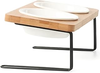 FUKUMARU Raised Cat Bowls, Small Dog 15° Tilted Elevated Food Feeding Dishes, Solid Bamboo Water Stand Feeder Set for Cats and Puppy