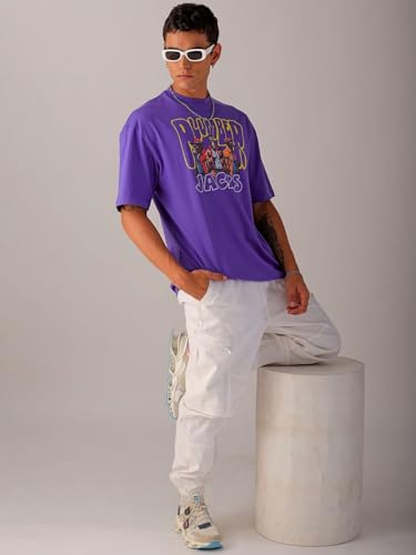 Image of The Indian Garage Co Men Cotton Oversized Graphic Back Printed Round Neck Tshirt