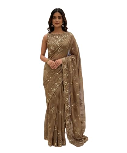 Sari brodé en satin de haute qualité avec de délicates finitions dorées