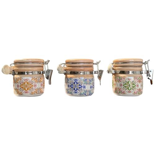 Doni Bomboniere Matrimonio 6 PZ Barattolino Ceramica e Legno Fantasie Maiolica Portaspezie Confettata Segnaposto Anniversario Cresima Comunione con Cucchiano (Piccolo)