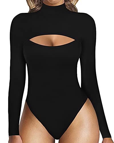MANGOPOP Women's Sexy Cutout Front T Shirt Long Sleeve Short Sleeve Bodysuit Jumpsuits (B Long Sleeve Black (Mock Neck), X-Large)
