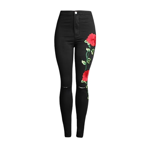 Women's High Waist Stretch Skinny Embroidered Flower Print Leggings Classic Jean Trousers Slimming Jean Jogger
