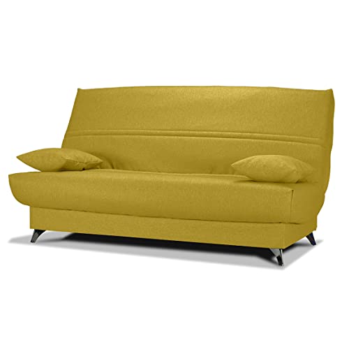 Meubletmoi - Banqueta cama clic clac 130 x 190 cm con funda de tela, color amarillo, colchón Bultex® de 14 cm, patas metálicas y 2 cojines decorativos - Harold