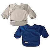 Tiny Twinkle Mess Proof Baby Bib, 2 Pack Long Sleeve Bib Outfit, Waterproof Bibs for Toddlers, Machine Washable, Tug Proof Grey, Indigo 6-24M