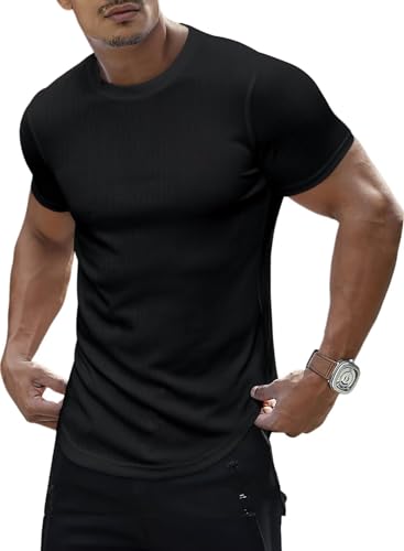 Meilicloth T Shirt Herren Kurzarm Sommer Muscle Shirts Herren Baumwolle Sportshirt Basic Rundhal Tee Slim Fit Leicht Männer Modern Muskelshirts Sport Tshirt Schwarz XL