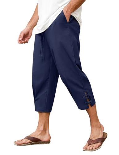 Vijamiy Short 3/4 en Lin pour Homme Pantacourt été Baggy être en Jachère Short de Plage Cordon...