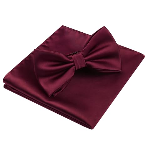 Image of HISDERN Bow Ties for Men Solid Color Pre-Tie Bow Tie and Pocket Square Set Classic Formal Tuxedo Bowties for Wedding Party