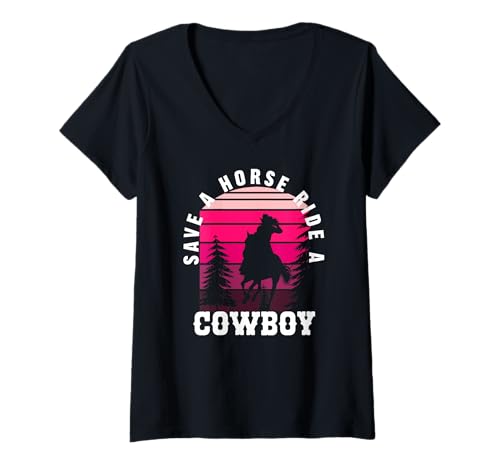 Mulher Save a Horse Ride a Cowboy Shirt, Save a Horse Ride a Cowboy t-shirt com decote em V, Preto, Pequeno