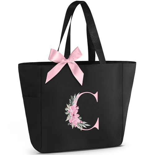 Vavabox A-Z Initial Personalized Tote Bag, Waterproof Gifts for Women, Bridesmaids, Mom, Teachers, Friends (01-Black, C)