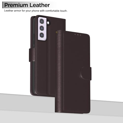 Image of Amazon Basics Flip Cover for Samsung Galaxy S21 FE 5G Leather Finish | Wallet Stand and Shock Proof | Inside TPU with Card Pockets | Complete Protection Flip Case (Coffee)