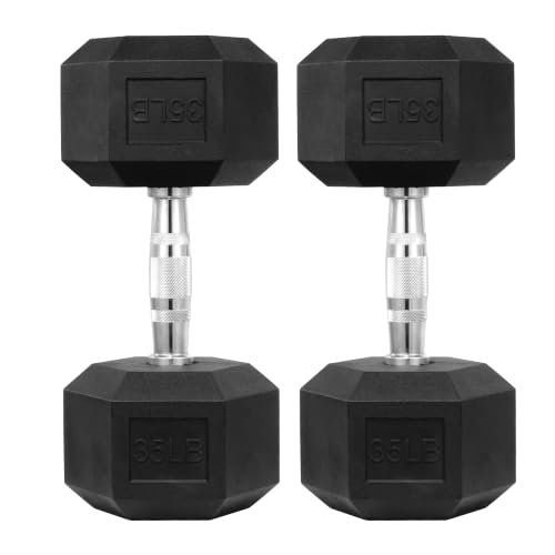 HulkFit 35 LBS Pair Rubber Coated Hex Dumbbells Anti-Roll Hand Weights Set of 2 Non-Slip Ergonomic Handle Low Odor for Home Gym