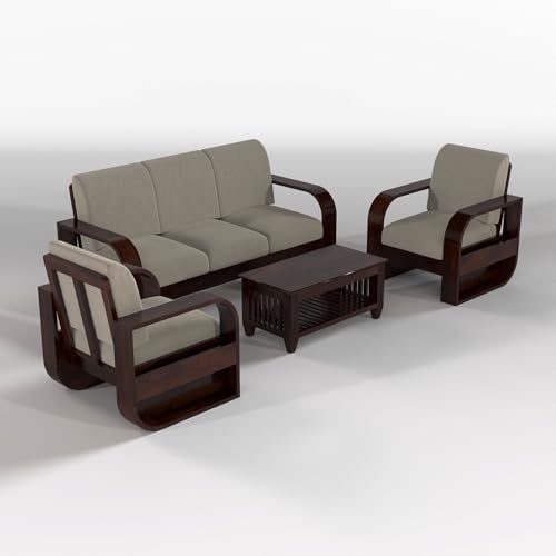 Image of Solid Sheesham Wooden 5 Seater Sofa Set with Coffee Table with Light Taupe Cushion for Living Room Furniture - Walnut Finish (3+1+1)