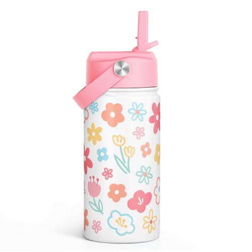 Image of SANDJEST Kids Water Bottle Stainless Steel with Straw Lid, Floral Water Bottle 12oz, Travel Tumbler, Gifts for Girls, Birthday, Christmas, Back To School