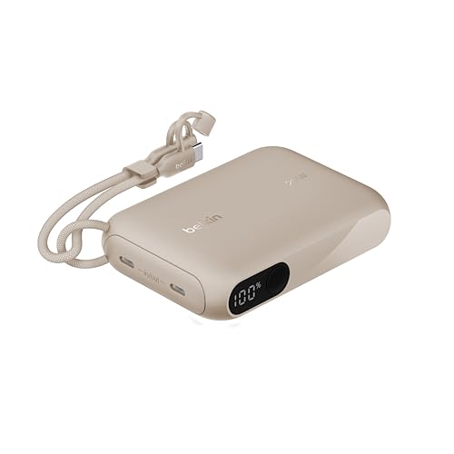 Belkin BoostCharge モバイルバッテリー ディズプレイ付き (10000mAh 20W USB-Cケーブル内蔵) 最大20W PD高速充電対応 PPS対応 iPhone&Androidスマホ対応 2台同時充電 PSE認証 軽量&コンパクト 機内持込可能 アウトドア/災害/緊急用の便利グッズ メーカー保証2年 サンドホワイト BPB027fqSD