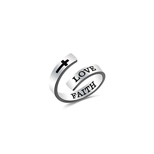 Dec.Bells Silver Inspirational Love Faith Ring Christian Cross Ring Personalized Religion Jewelry for Women Girls