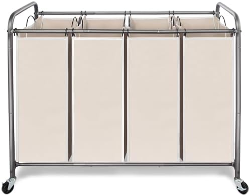 Laundry Sorter Hamper with Wheels, Heavy-Duty Laundry Sorter Rolling Cart, Lockable Wheels and Removable Bags, 4 Sections, Beige