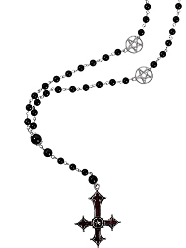 Sacina Gothic Goth Pentagram Long Bead Upside Down Cross Necklace, Goth Emo Punk Grunge Necklace, Halloween Christmas Jewelry Gift for Women
