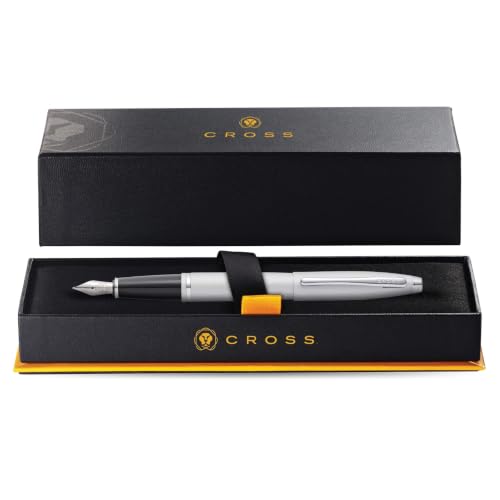 Image of Cross Calais Satin Chrome Refillable Fountain Pen - Medium Point, Black Ink, Smooth Writing, Presented in a Luxury Gift Box