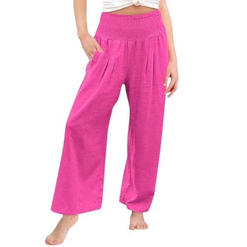 Moonker Linen Palazzo for Teen Girls Straight Wide Leg Solid Color High Elastic Waist Casual Pants Summer Baby
