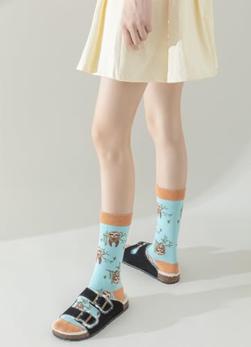 Image of 5 Pairs Cute Animal Crew Socks Fun Casual Cotton Calf Socks for Women (US, Alpha, One Size, Regular, Regular, Sloth)