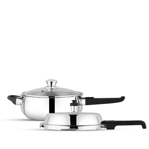Image of GARUDA NRI Stainless Steel Pressure Cooker with Glass Lid, Handi Shape, Sandwich Bottom, Induction Compatible (9 Litres)