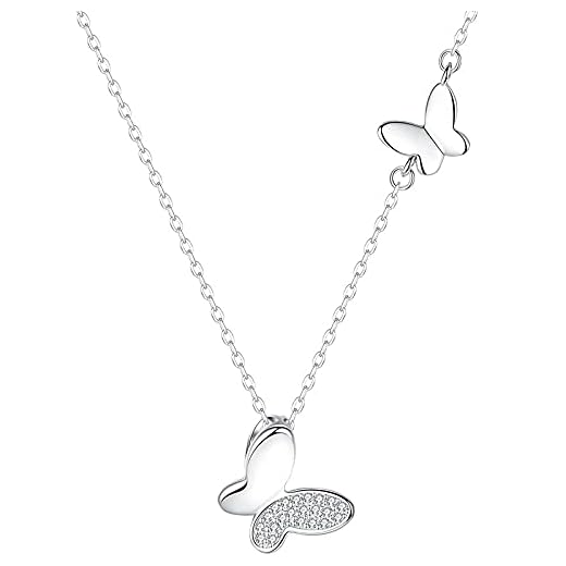 WJWAINI 925 sterling silver hänge enkel stor liten två fjäril nyckelben kristall zirkon 925 sterling silver hänge halsband passar för män och kvinnor mode enkel födelsedag