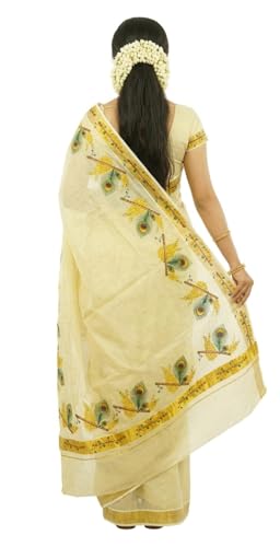 Image of Women's Mural Printed Kerala Gold Tissue Saree with Running Blouse Piece | Traditional South Indian Ethnic Saree for Festivals, Weddings & Special Occasions