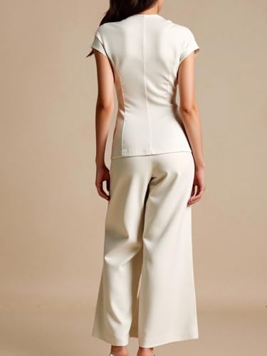 Women's 2 Piece Business Casual Outfit Button Up Notch V Neck Blazer Vest and Wide Leg Pants Set2