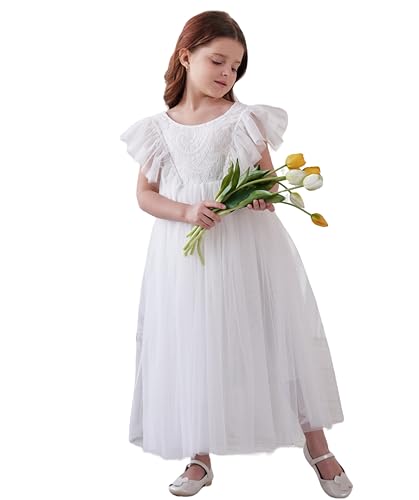 First Communion Dress Lace/Tulle Ruffles Sleeve Flower Girl Dresses for Wedding Ball-Gown Garden Party Daily