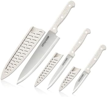 LITTLE COOK 3 Piece Knife Set, Chef Knife Set with Sheaths, Wheat Handle