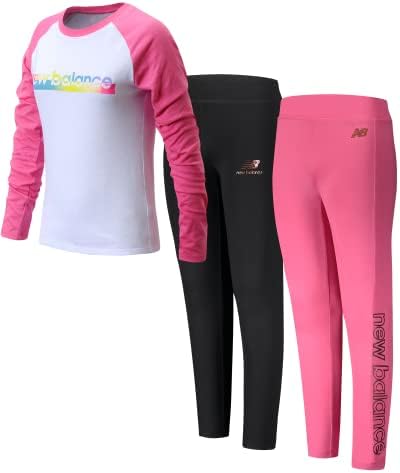 New Balance Girls? Active Leggings Set ? 3 Piece T-Shirt, and Leggings Activewear Set, Size 7/8, White Pink/Sporty Pink