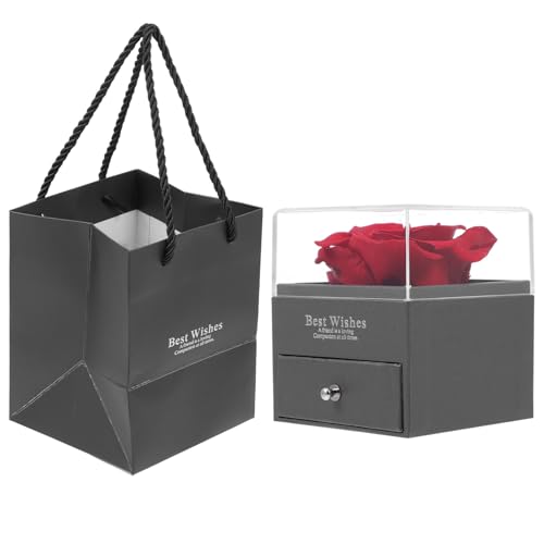 EPIGEIST Caja de Joyería Romántica Rosa Eterna Roja, Cajita para Collar y Flores Preservadas, Contenedor para Embalaje de Obsequio San Valentín en Caja Negra Diseño Tipo Cajón