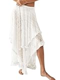 YKR Womens Lace Long Skirts Elastic Asymmetrical Layered Hem Sexy See-Through Flowy Skirts Floral Beach Maxi Skirt White L