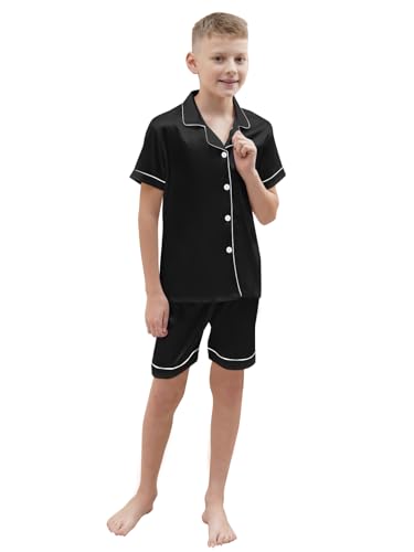Schbbbta Kids Satin Pajamas, 2 Pcs Sleepwear Short Sleeve Silky Summer Pajama Set for Teen Boys and Girls, Black, 7-8 Years = Tag 1402