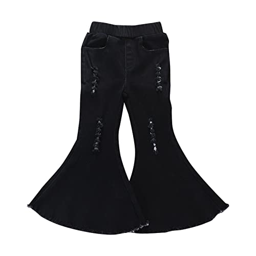 Toddler Girls Ripped Flared Jeans Kids Casual Elastic Waist Frayed Hem Pants Bell Bottom Pants (Black, 5-6 Years)