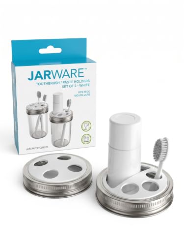 Jarware Toothbrush and Toothpaste Holder Lids for Wide Mouth Mason Jars, Set of 2 Nylon Lids