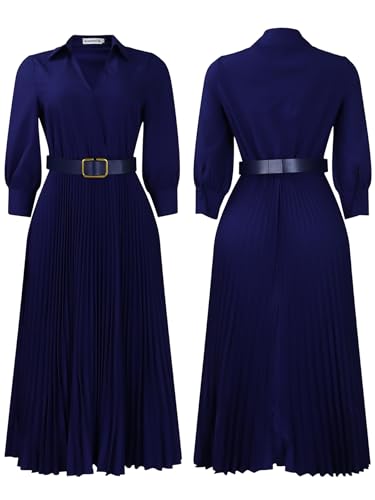 Image of Famnbro Womens Pleated Dress V Neck Long Sleeve A line Church Formal Works Business Dresses with Belt