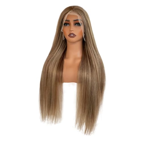 Image of Munx Ash Blonde Lace Front Wig Human Hair, Pre Plucked Straight 13x4 Ombre Highlight Wig Human Hair for White Women Natural Hairline Full 180% Density Brown and Blonde Frontal Wigs 18 inch