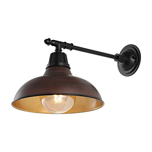 Image of JONATHAN Y Wallace 1-Light Outdoor 12.25 inch Wall Sconce, Wood Finish /Black | Industrial Farmhouse Metal Gooseneck Barn Light, Victorian Arm, Wet Rated, Bowl Shade, LED Bulb Included, Vintage Porch Lamp